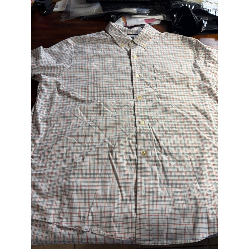 Orvis Classic Fit Mens XL Long Sleeve Plaid Button Down Shirt White Blue Orange